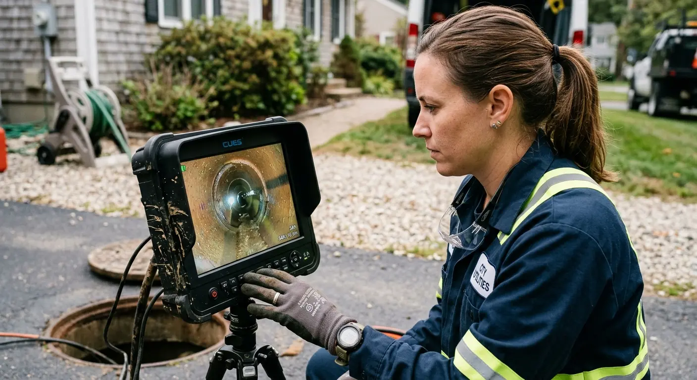 Technician reviewing sewer camera inspection footage in Winfield