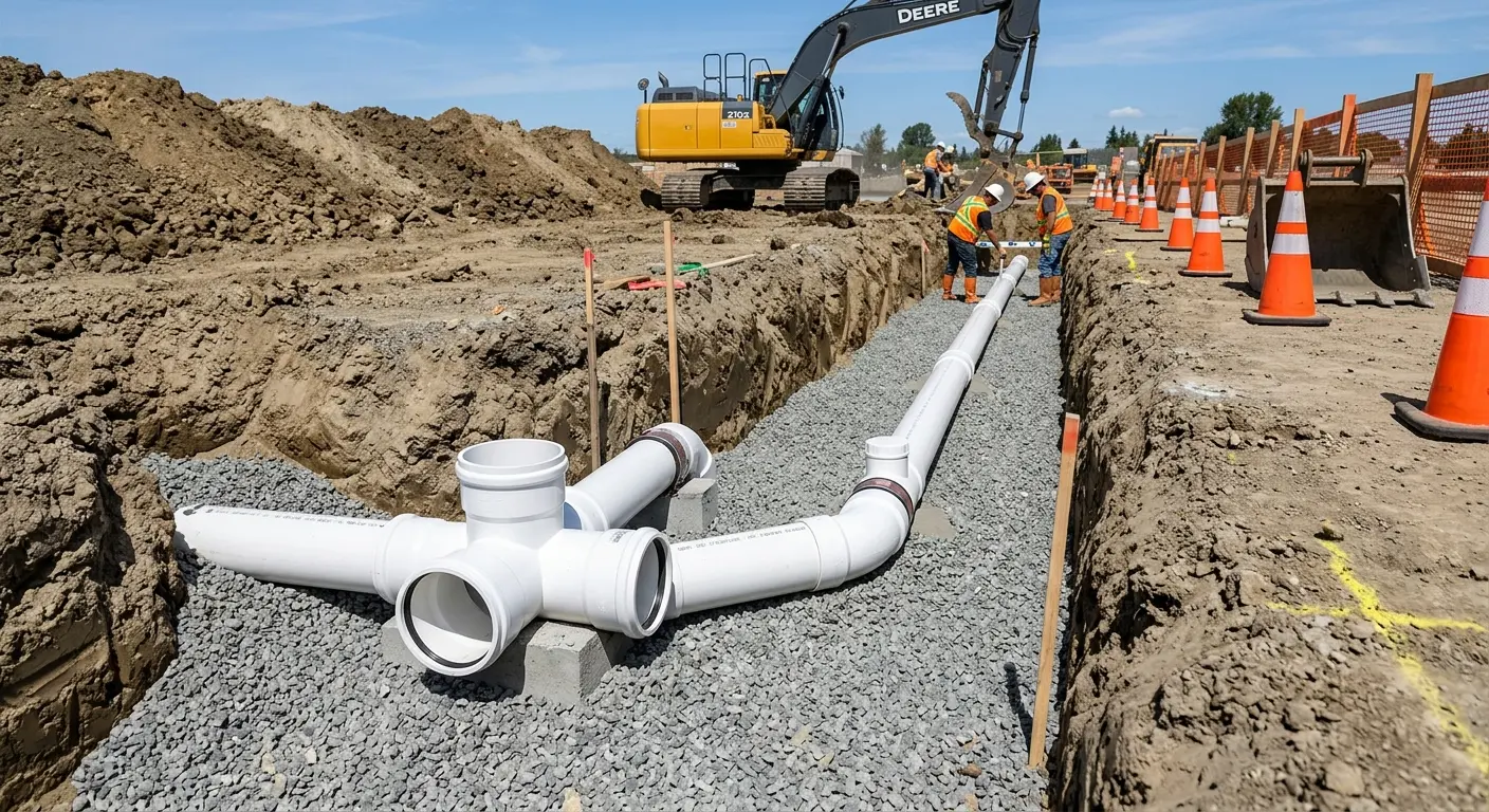 New PVC sewer pipe installation in open trench for Sewer Backup in Winfield