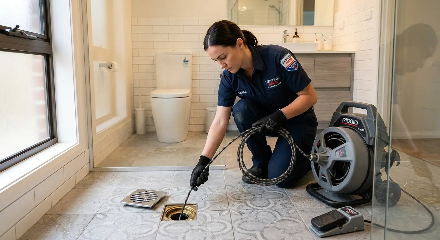 Technician clearing a bathroom floor drain for Drain Cleaning in Winfield